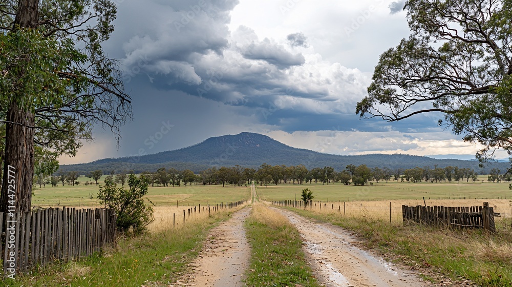 Dirt road leads to mountain under stormy sky. Dirt road leads to mountain under stormy sky.