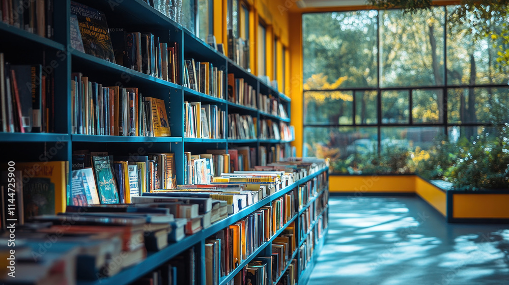 Fototapeta premium A book exchange table filled with novels and educational titles in a community center