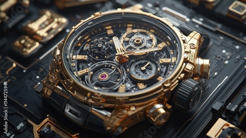 Close-up of a luxury gold and black watch with intricate details.