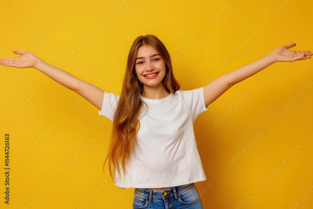 Cheerful girl posing with empty space on yellow background.
