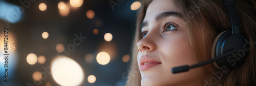 A young woman smiles while wearing a headset against a blurred, bokeh-lit background, embodying connection, support, and modern communication technology. photo