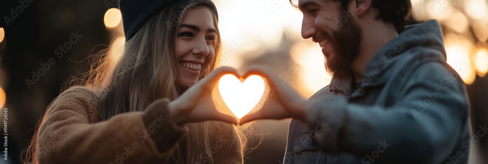A smiling couple uses their hands to form a heart shape, their happy expressions illuminated by the warm glow of the setting sun during golden hour. A smiling couple uses their hands to form a heart shape, their happy expressions illuminated by the warm glow of the setting sun during golden hour.