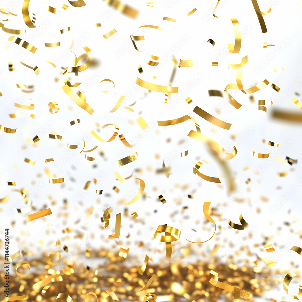 Golden Confetti Falling Against Bright White Background in Celebration Golden Confetti Falling Against Bright White Background in Celebration
