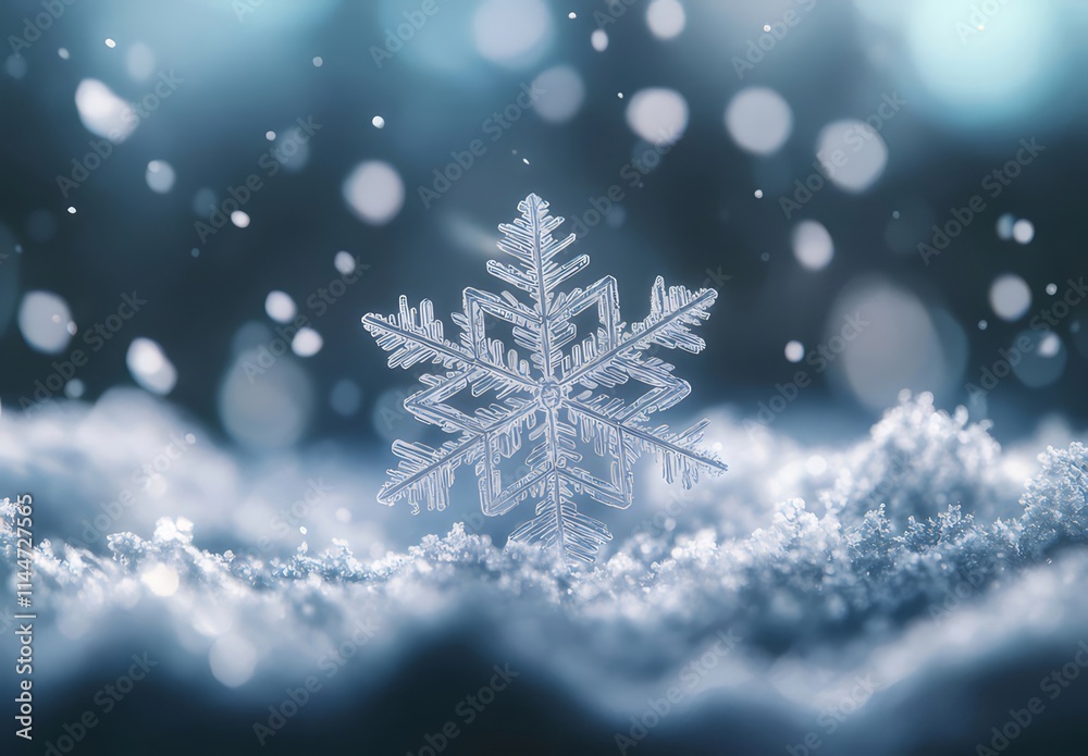 Single snowflake on snowy ground with bokeh background. Single snowflake on snowy ground with bokeh background.