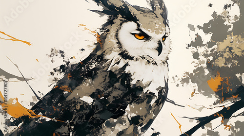 A stylized illustration of an owl with striking features and abstract elements. photo