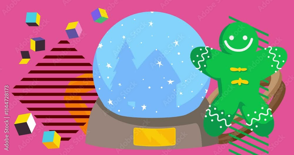 Snow Globe and Gingerbread Man Christmas Cookie geometrical graphic retro holiday theme background video. Minimal geometric elements animation. Vintage abstract shapes illustration for advertising. Snow Globe and Gingerbread Man Christmas Cookie geometrical graphic retro holiday theme background video. Minimal geometric elements animation. Vintage abstract shapes illustration for advertising.