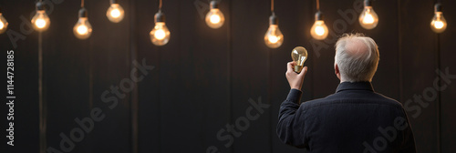 An elderly man examines a lit lightbulb amid a row of hanging bulbs, symbolizing innovation, ideas, and the timeless pursuit of knowledge and creativity.