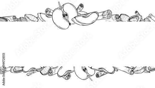 Almond, apple slice and cinnamon sticks horizontal border with empty space for text. Aromatic seasoning with fresh fruit, nut ingredients monochrome illustration hand painted by black inks