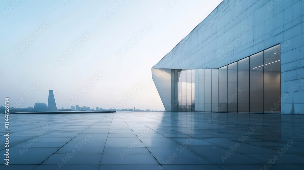 Modern building exterior with glass facade and city skyline view. Modern building exterior with glass facade and city skyline view.