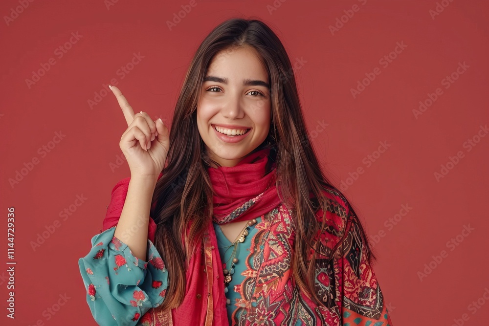 Cheerful Pakistani girl pointing to copy space in studio portrait.