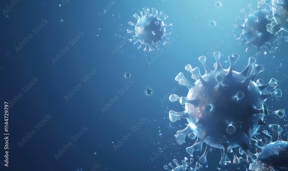 Microscopic view of viruses floating in blue background. Microscopic view of viruses floating in blue background.