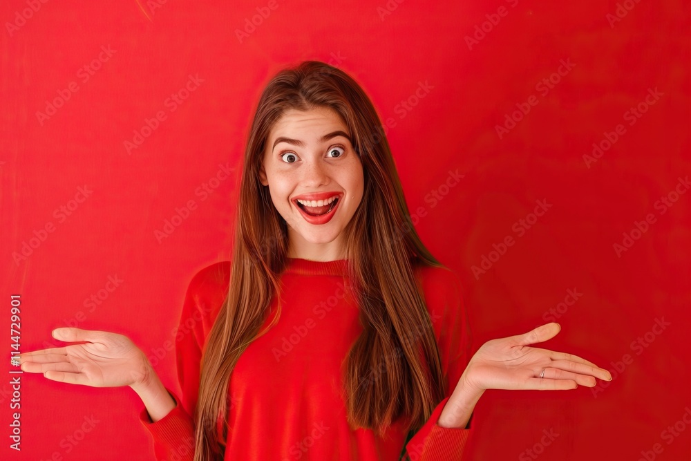 Cheerful girl with solution on red background. Cheerful girl with solution on red background.