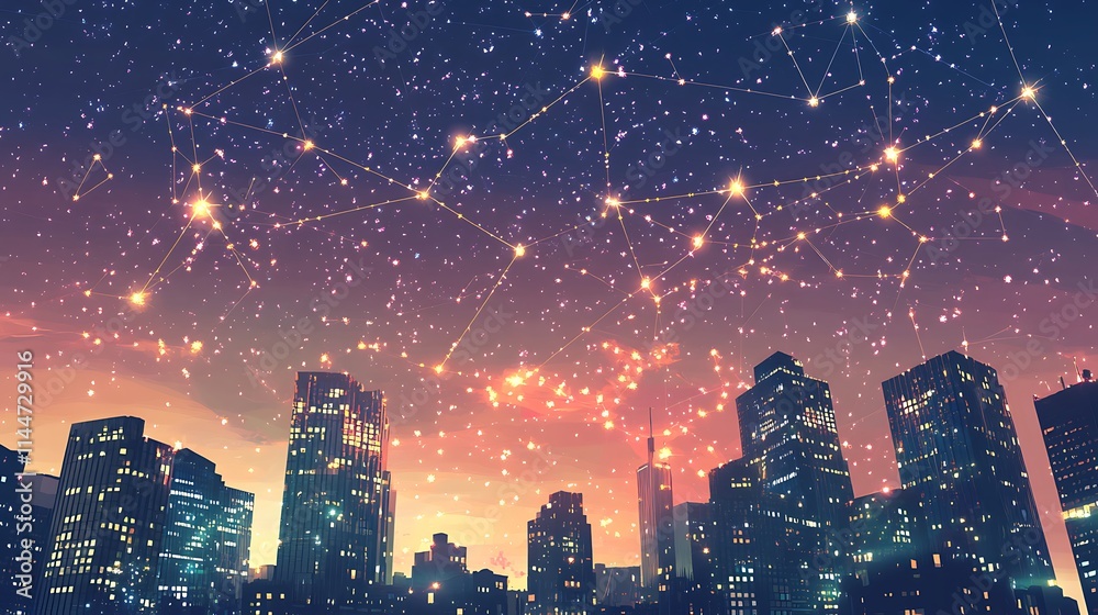 Fototapeta premium Night cityscape with glowing constellation network above.