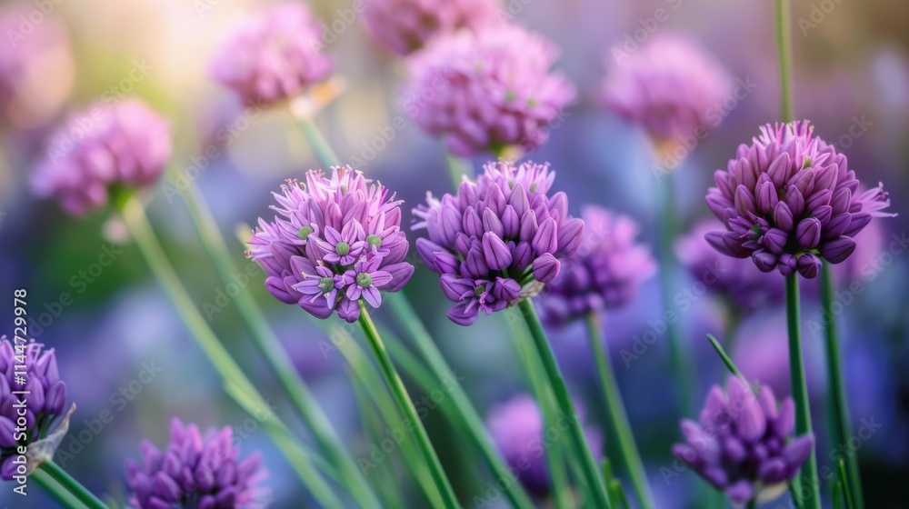 Close-up of blooming purple chive flowers in sunlight Close-up of blooming purple chive flowers in sunlight