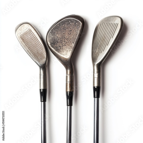Set of three golf clubs on a white background for avid players and collectors showcasing various designs