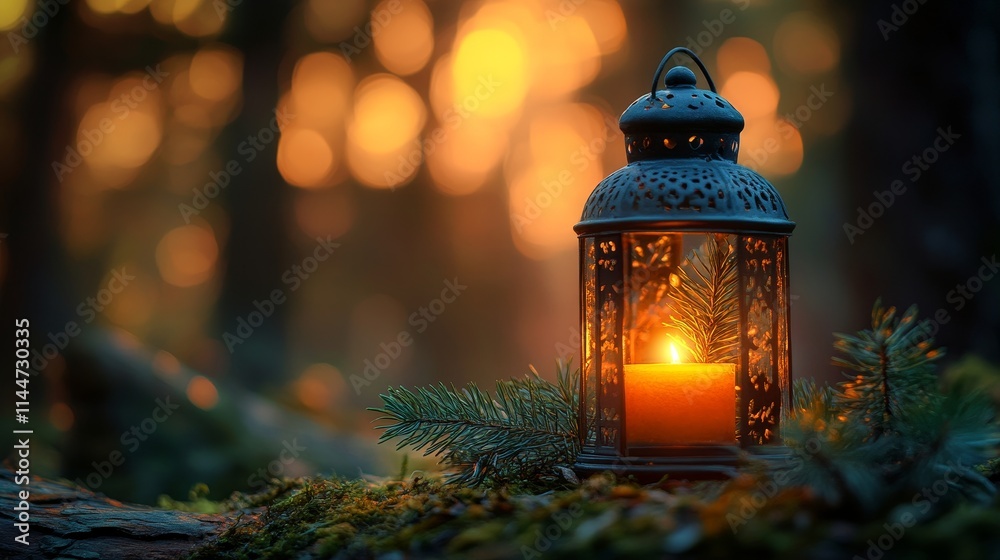 Serene lantern glowing in a tranquil forest at dusk Serene lantern glowing in a tranquil forest at dusk