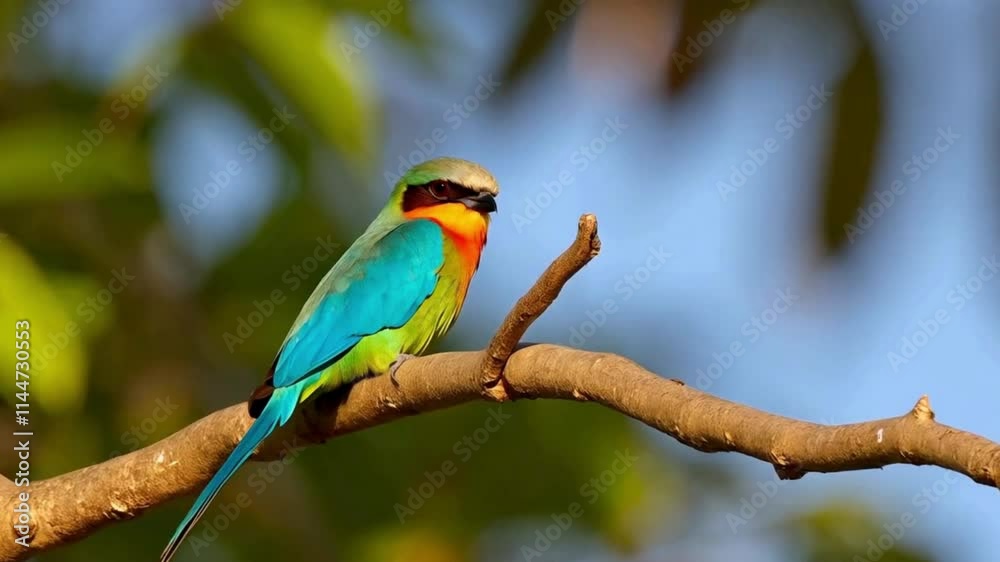 One blue-and-yellow macaws perching on branch in lush tropical setting ,Slow motion Stunning High-Resolution Nature Footage One blue-and-yellow macaws perching on branch in lush tropical setting ,Slow motion Stunning High-Resolution Nature Footage