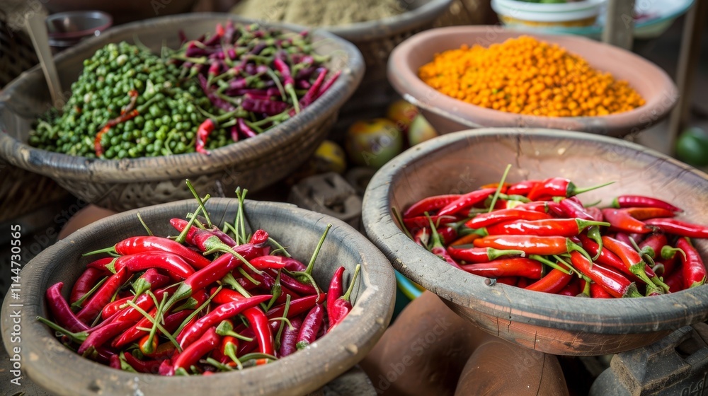 Baskets filled with red chili peppers and green spices at a market Baskets filled with red chili peppers and green spices at a market