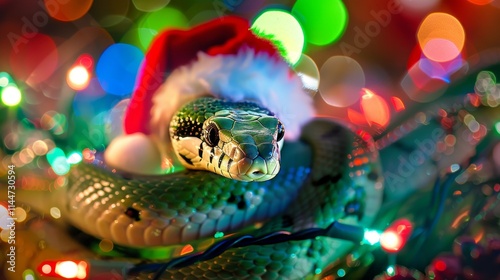 Festive christmas snake in santa hat surrounded by colorful lights for green snake year photo