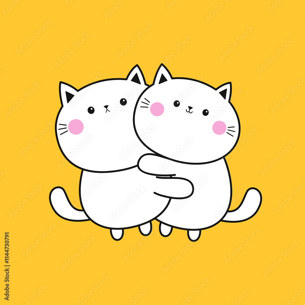 Cute cat kitten set hugging Love couple family. Hug, embrace. Line contour silhouette. Kawaii funny cartoon character. Happy Valentines day. Greeting card. Yellow background. Flat design. Vector Cute cat kitten set hugging Love couple family. Hug, embrace. Line contour silhouette. Kawaii funny cartoon character. Happy Valentines day. Greeting card. Yellow background. Flat design. Vector