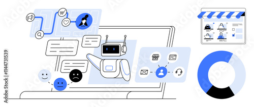 Conversational AI chatbot interacting on laptop screen, with messaging icons, emoticons, flowchart, and pie chart. Ideal for technology, AI, customer service, automation data analysis