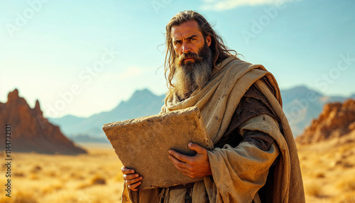 Moses with beard is wearing robe and holding a large stone tablet ten commandments