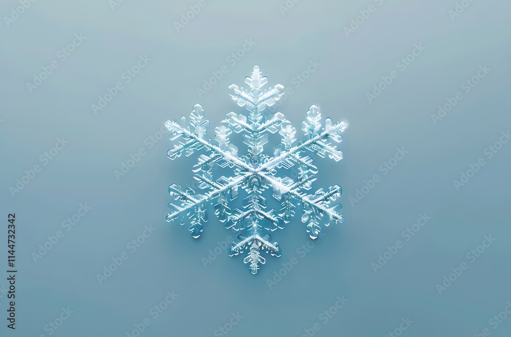 Close-up of a single, detailed snowflake on a light blue background. Close-up of a single, detailed snowflake on a light blue background.