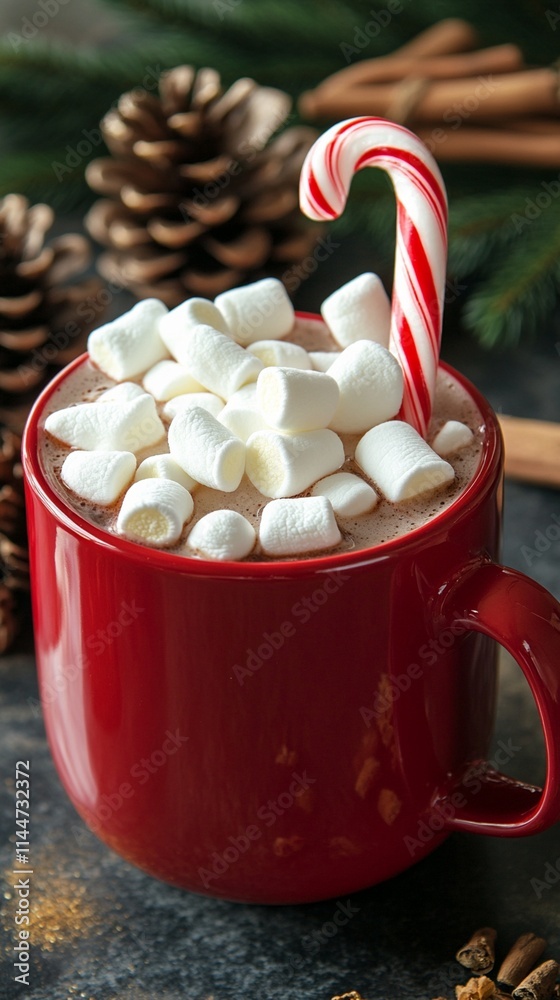 Festive red ceramic mug filled with hot chocolate and topped with fluffy white marshmallows and candy cane, surrounded by pine cones and cinnamon sticks on dark surface. Festive red ceramic mug filled with hot chocolate and topped with fluffy white marshmallows and candy cane, surrounded by pine cones and cinnamon sticks on dark surface.