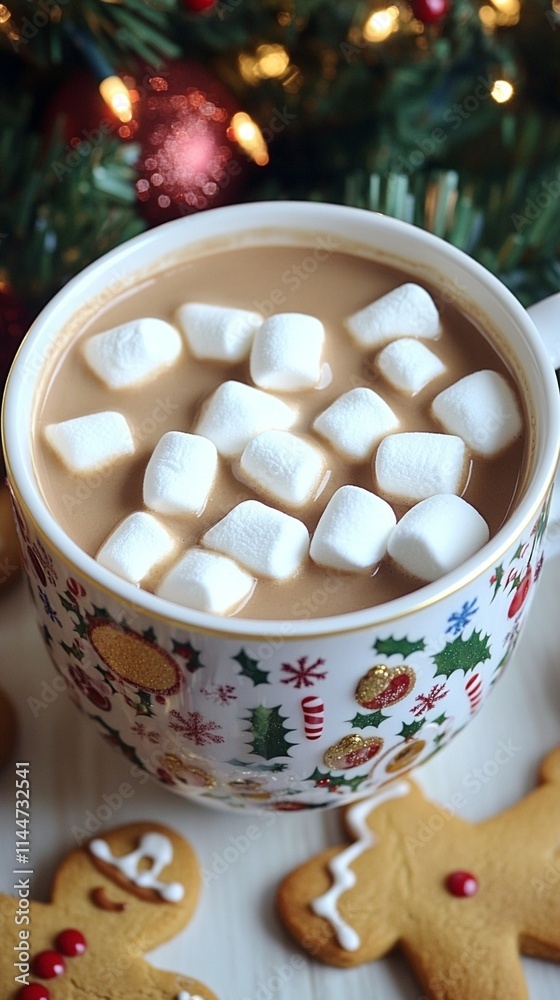 Festive holiday hot chocolate topped with fluffy marshmallows in a decorative Christmas mug alongside homemade gingerbread cookies, creating perfect cozy winter comfort scene. Festive holiday hot chocolate topped with fluffy marshmallows in a decorative Christmas mug alongside homemade gingerbread cookies, creating perfect cozy winter comfort scene.