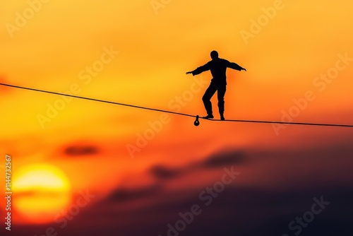 A lone tightrope walker balances on a highwire with the setting sun casting a warm glow, creating a serene and inspiring moment. AI generated. photo