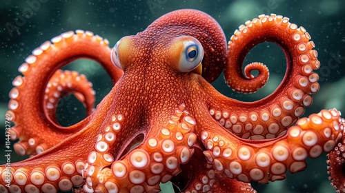 Close-up of a vibrant orange octopus with large eyes and swirling tentacles.