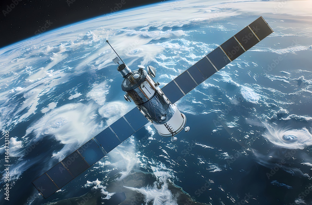 Satellite orbiting Earth, showcasing Earth's atmosphere and clouds. Satellite orbiting Earth, showcasing Earth's atmosphere and clouds.