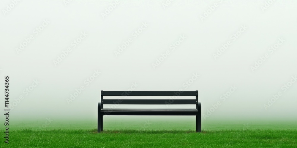 A solitary black bench sits on lush green grass, enveloped in a blanket of mist, creating a serene and contemplative atmosphere. A solitary black bench sits on lush green grass, enveloped in a blanket of mist, creating a serene and contemplative atmosphere.