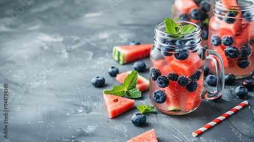 Refreshing Watermelon and Blueberry Infused Water in Mason Jars photo