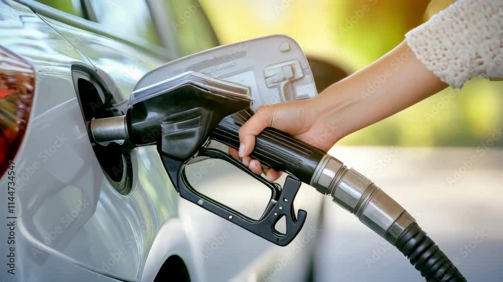 A hand holds a gas pump nozzle, filling a car's tank. Perfect for automotive, travel, and transportation projects.. AI Generation