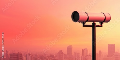 A modern viewing telescope overlooks a cityscape, set against a vibrant sunset sky with hues of orange and pink.