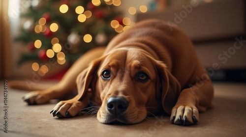 Redbone Coonhound Sitting in Front of Decorated Christmas Tree, Holiday Pet, Festive Home. photo