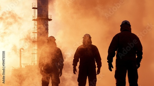 Three silhouetted workers stand against a backdrop of flames and smoke, highlighting their protective gear in a dramatic industrial setting. photo