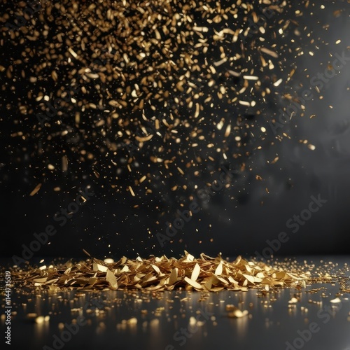 Golden confetti bursts against a dark background, festive, abstract background, celebration background photo