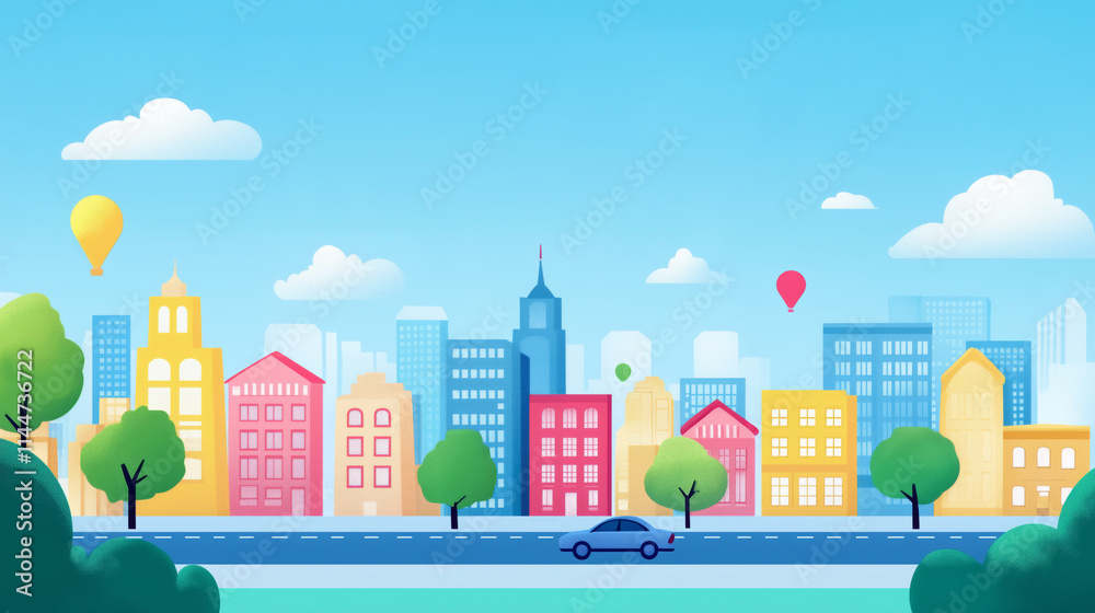 colorful cityscape with buildings, trees, and balloons