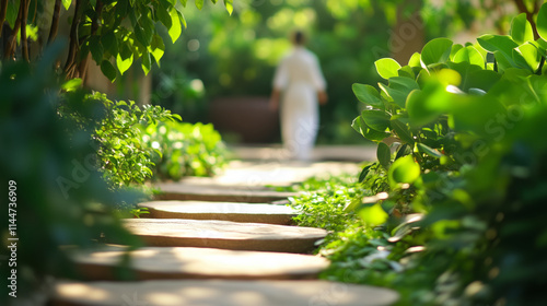 tranquil garden scene with person practicing qigong