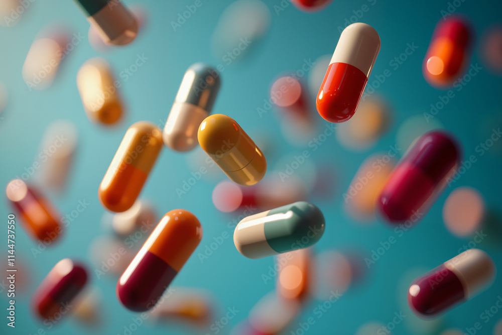 Various colorful pills floating against a blue background, with some in sharp focus and others blurred. Various colorful pills floating against a blue background, with some in sharp focus and others blurred.