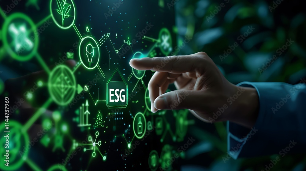 Fototapeta premium ESG Environmental Social Governance Investing Business Technology Concept. Sustainable Development Goals. Hand Touching ESG Icon on Virtual Screen