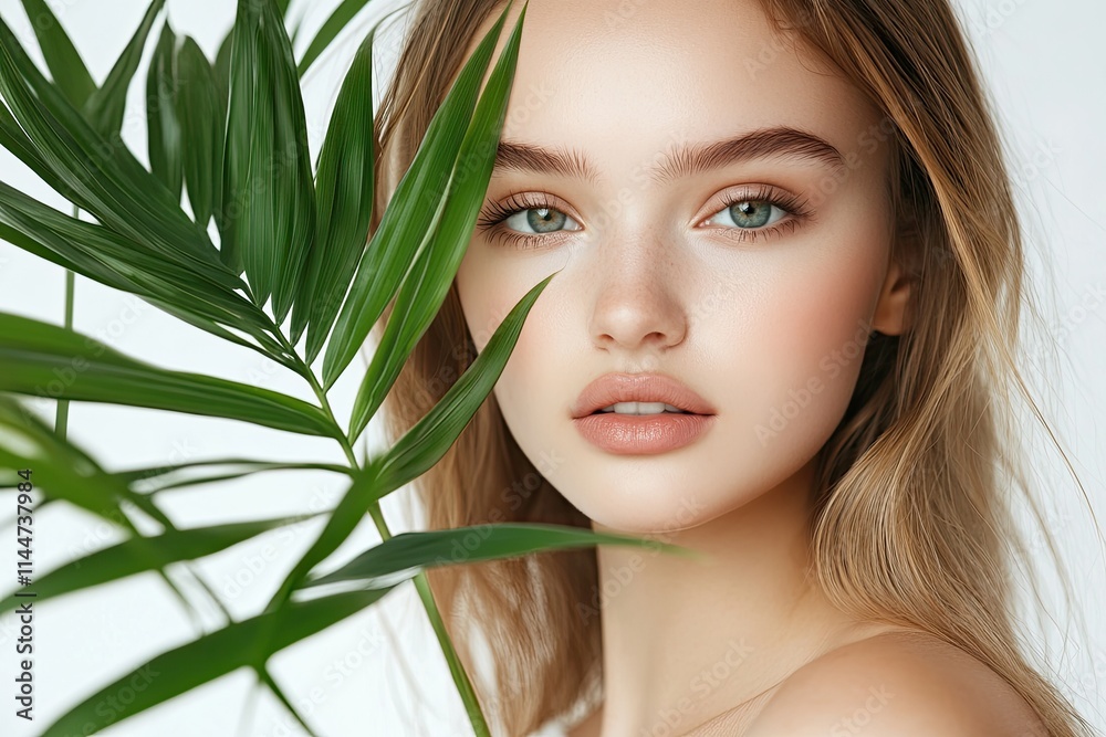 Skincare editorial shoot of a brunette model with palm leaves, clean hair, and minimal makeup in front of a white background. Skincare editorial shoot of a brunette model with palm leaves, clean hair, and minimal makeup in front of a white background.