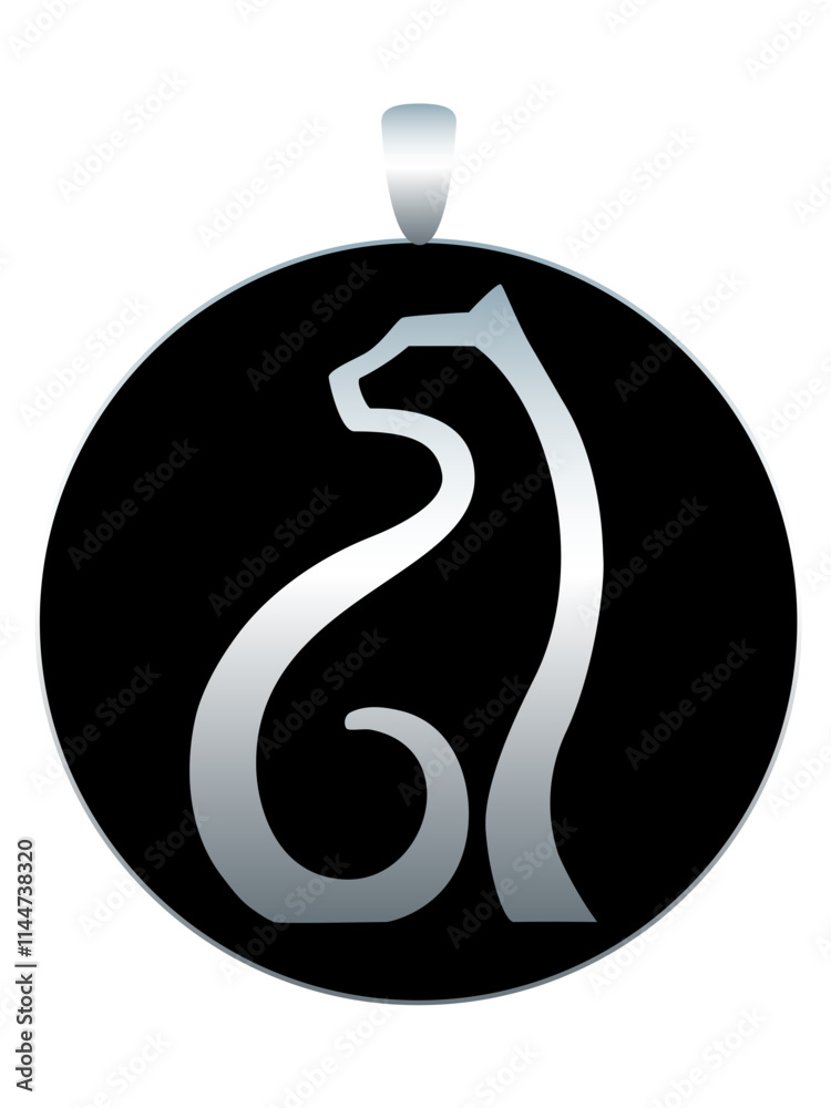 Round silver medallion - pendant with black enamel and the image of a stylized cat or panther - stock illustration. Cat jewelry Round silver medallion - pendant with black enamel and the image of a stylized cat or panther - stock illustration. Cat jewelry