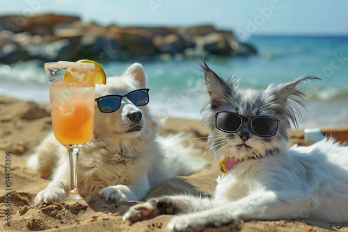 Cat and dog in sunglasses sunbathing and enjoying cocktails on a vibrant sunny beach, fun and playful artwork.