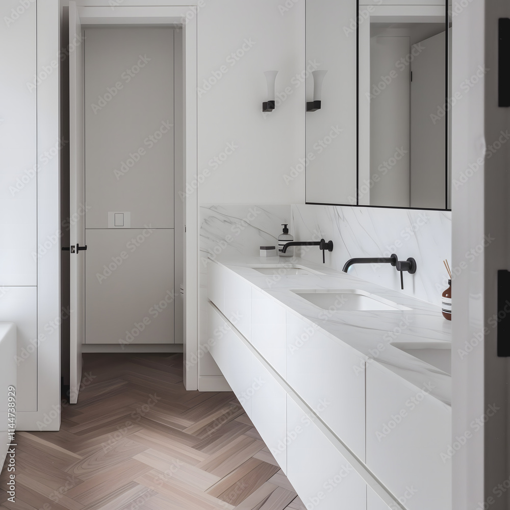 Salle de bain moderne avec double vasque blanche, robinets noirs et miroir intégré.