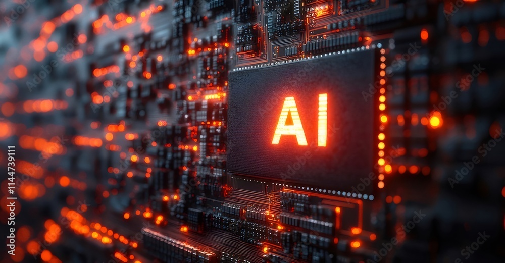 AI chip glowing on circuit board. AI chip glowing on circuit board.