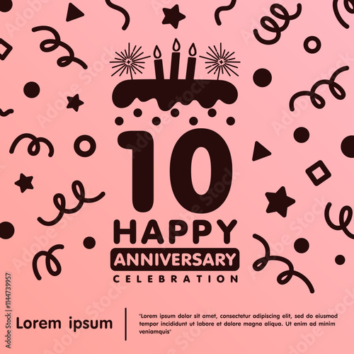 10th years anniversary celebration emblem. Happy anniversary logo isolated birthday cake and candle with confetti line doodle on pastel pink background. vector illustration template