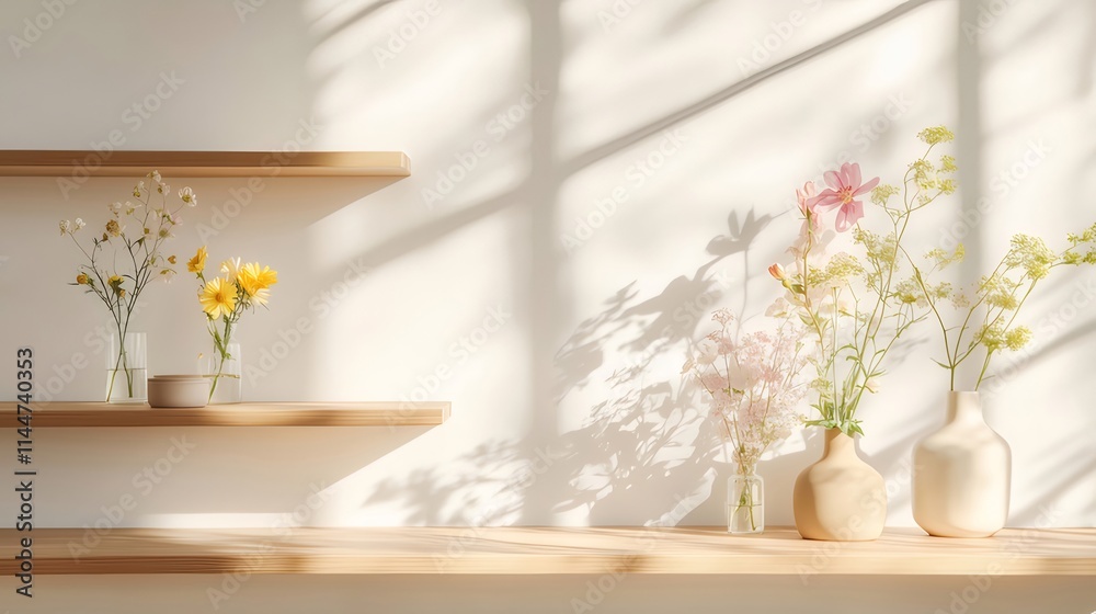 Sunlit floral arrangement on wooden shelves against a white wall. Sunlit floral arrangement on wooden shelves against a white wall.